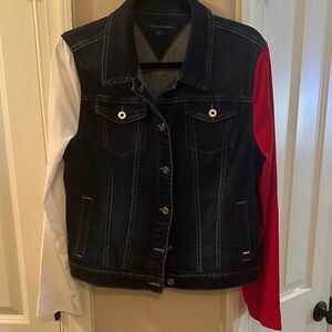 Tommy Hilfiger Women's Denim Jacket with Red and White Sleeves. Never Worn